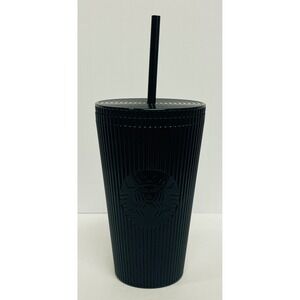 Starbucks Black Pleated Cold Cup Tumbler 16oz Siren Logo 011148655 w Straw 2024